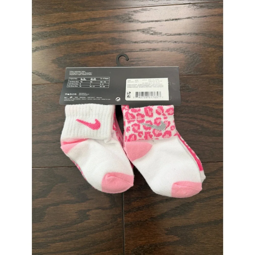 Nike Infant Girls 6 Pack Ankle Socks Pink Leopard Print 12-24 Months NN0662-AA7